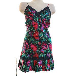 Vintage Victorias Secret Gold Label Floral Slip Dress MEDIUM Pleats Lace Black M